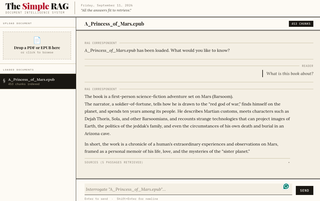 The simple_rag app running against A Princess of Mars, answering “What is this book about?” with a summary grounded in five retrieved passages