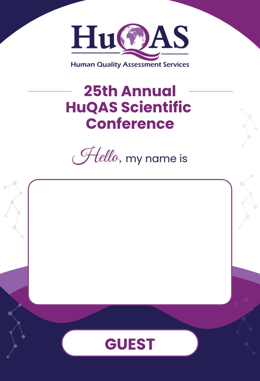 The final purple and white HuQAS conference guest badge exported from Penpot