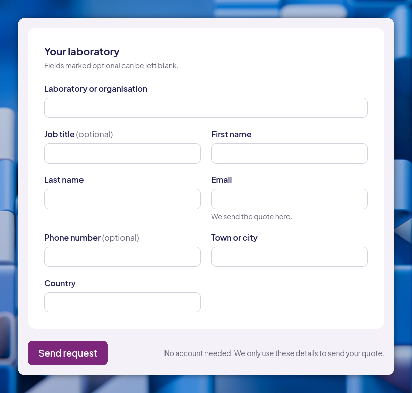 A quote request form with fields for the laboratory, name, email, phone, town and country, and a Send request button